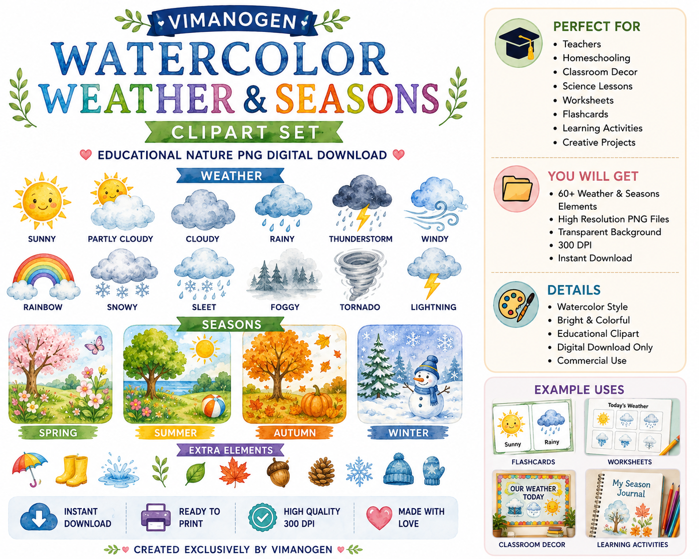 Vimanogena Watercolor Weather & Seasons Clipart Bundle – Educational PNG Digital Download
