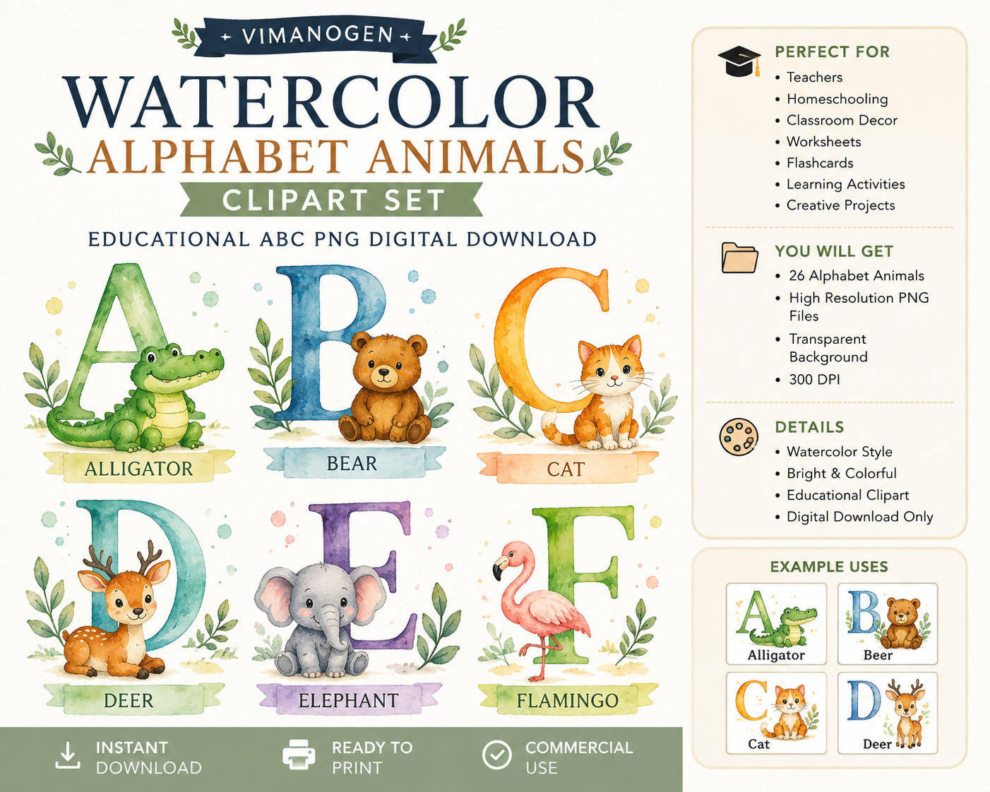 Vimanogena Watercolor Alphabet Animals Clipart Bundle – Educational ABC PNG Digital Download