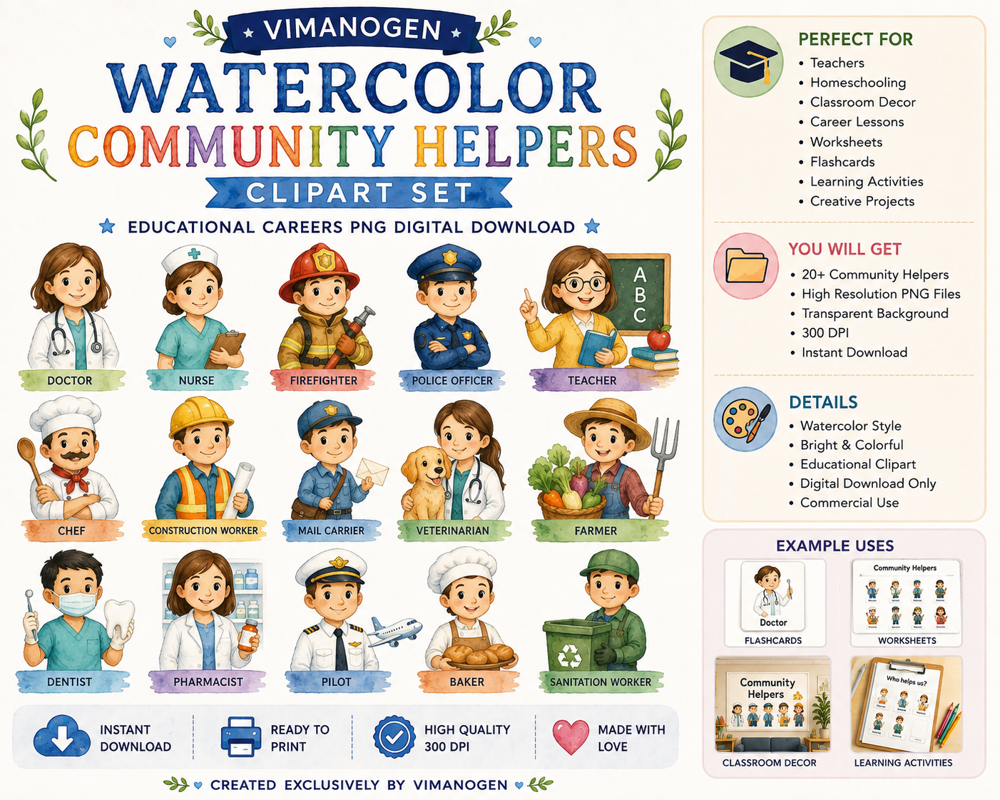 Vimanogena Watercolor Community Helpers Clipart Bundle – Educational Careers PNG Digital Download