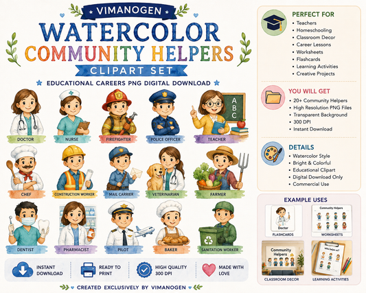 Vimanogena Watercolor Community Helpers Clipart Bundle – Educational Careers PNG Digital Download