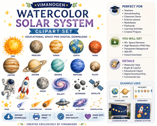 Vimanogena Watercolor Solar System Clipart Bundle – Educational Space PNG Digital Download