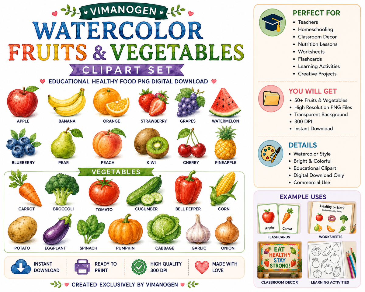 Vimanogena Watercolor Fruits & Vegetables Clipart Bundle – Educational Healthy Food PNG Digital Download