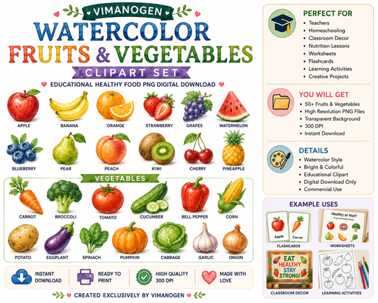 Vimanogena Watercolor Fruits & Vegetables Clipart Bundle – Educational Healthy Food PNG Digital Download