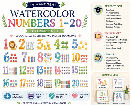 Vimanogena Watercolor Numbers 1–20 Clipart Bundle – Educational Counting PNG Digital Download
